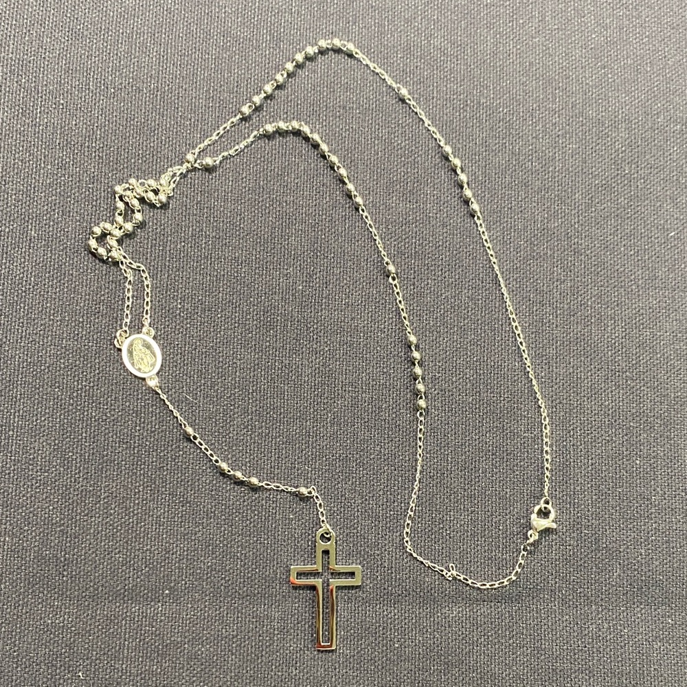 Stainless steel Rosary Silver color Cross Pendant Necklace